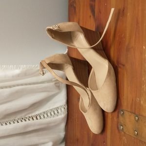 Suede look camel color wedges with ankle straps 7.5 wide width